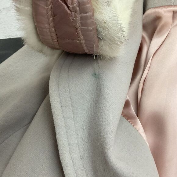 Vintage Elegant Gray beige Women's long belted Coat with Fur Collar L/XL - Picture 12 of 16